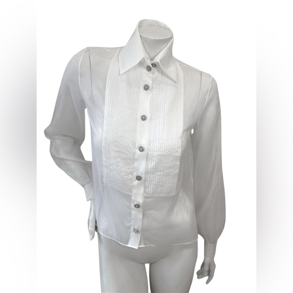 CHANEL White Silk Pleated Tuxedo Blouse CC Buttons 34 - Picture 6 of 10